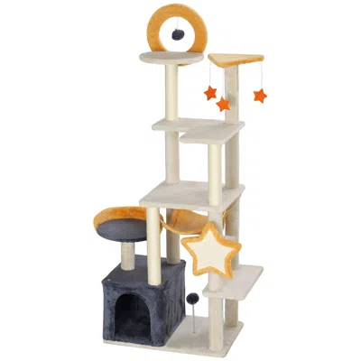 Breebe 63 Inch Moon And Star Themed Cat Tree With Scratching Post, Hammock And Condo In Sand