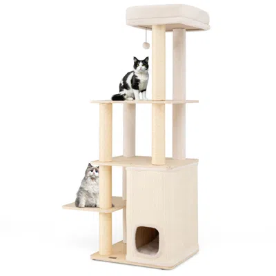Breebe 63 Inch Tall Wooden Cat Tree With 2-story Condo And Plush Padded Top Perch In Metallic