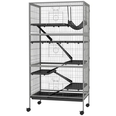 Breebe 63" Rolling Small Animal Cage With Hammock, 6 Doors & Removable Tray In Grey