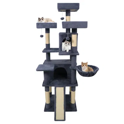 Breebe 65 Inch Tall Multi-level Cat Tree With 3 Upholstered Perch And 2 Cat Condos In Blue