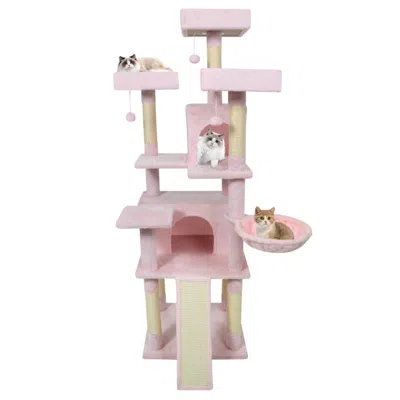 Breebe 65 Inch Tall Multi-level Cat Tree With 3 Upholstered Perch And 2 Cat Condos In Pink