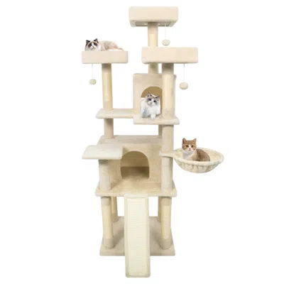 Breebe 65 Inch Tall Multi-level Cat Tree With 3 Upholstered Perch And 2 Cat Condos In Neutral
