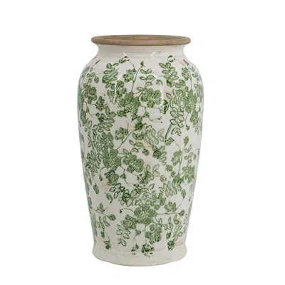 Breebe 6.5 X 6.5 X 11.6" White Ceramic Flower Vase With Green Floral Pattern