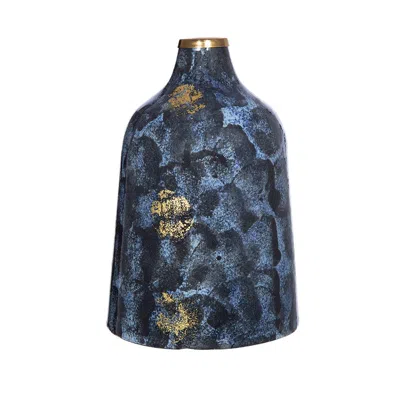 Breebe 6.7 X 10.2" Blue And Gold Decorative Glass Flower Vase