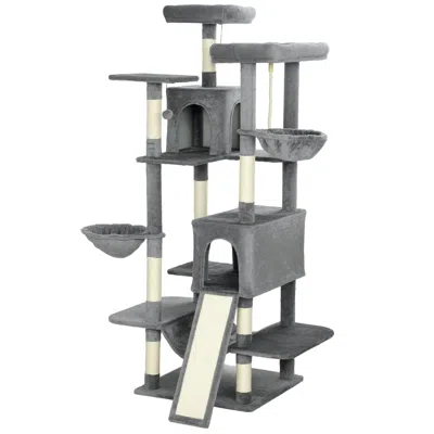 Breebe 69 Inch Cat Tree Multi-level Tower With 2 Condos And 3 Hammocks, 8 Scratching Posts In Gray