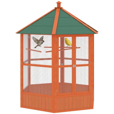Breebe 69" Wooden Hexagonal Outdoor Aviary Flight Bird Cage With Covered Roof In Brown
