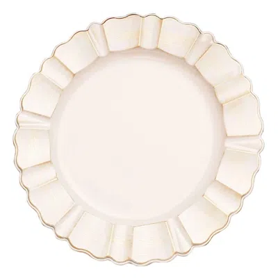 Breebe 6-pack Acrylic Plastic Round Charger Plates 13" In Beige With Gold Brushed Wavy Scalloped Rim, Decor In White