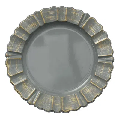 Breebe 6-pack Acrylic Plastic Round Charger Plates 13" In Charcoal Gray With Gold Brushed Wavy Scalloped Ri