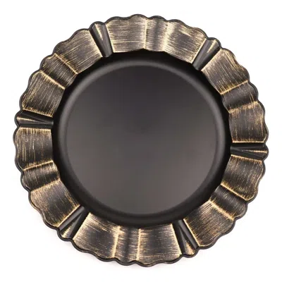 Breebe 6-pack Acrylic Plastic Round Charger Plates 13" In Matte Black With Gold Brushed Wavy Scalloped Rim, In Brown