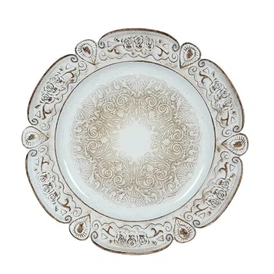 Breebe 6-pack Acrylic Round Charger Plates 13" In Antique White Floral Embossed With Scalloped Rim, Plastic In Brown