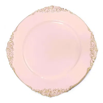 Breebe 6-pack Acrylic Round Charger Plates 13" In Blush With Gold Embossed Baroque Rim, Antique Decorative  In Pink