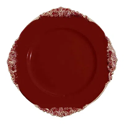 Breebe 6-pack Acrylic Round Charger Plates 13" In Burgundy With Gold Embossed Baroque Rim, Antique Decorati