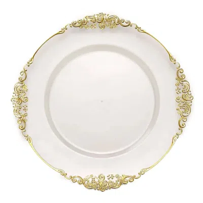 Breebe 6-pack Acrylic Round Charger Plates 13" In Clear With Gold Embossed Baroque Rim, Antique Decorative  In White