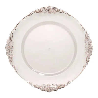 Breebe 6-pack Acrylic Round Charger Plates 13" In Clear With Rose Gold Embossed Baroque Rim, Antique Decora In White