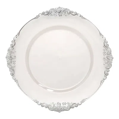 Breebe 6-pack Acrylic Round Charger Plates 13" In Clear With Silver Embossed Baroque Rim, Antique Decorativ In White