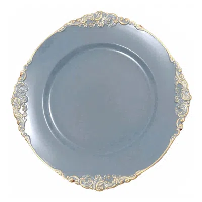 Breebe 6-pack Acrylic Round Charger Plates 13" In Dusty Blue With Gold Embossed Baroque Rim, Antique Decora