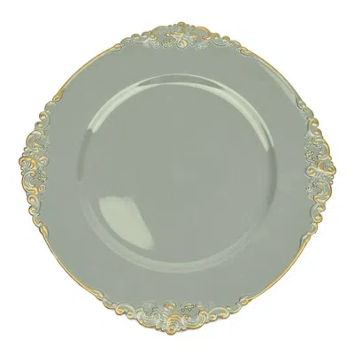 Breebe 6-pack Acrylic Round Charger Plates 13" In Dusty Sage Green With Gold Embossed Baroque Rim, Antique 