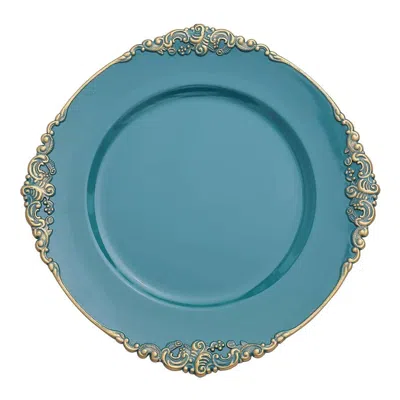 Breebe 6-pack Acrylic Round Charger Plates 13" In Peacock Teal With Gold Embossed Baroque Rim, Antique Deco In Blue