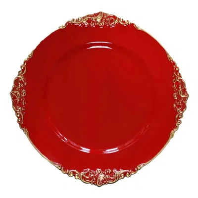 Breebe 6-pack Acrylic Round Charger Plates 13" In Red With Gold Embossed Baroque Rim, Antique Decorative Di