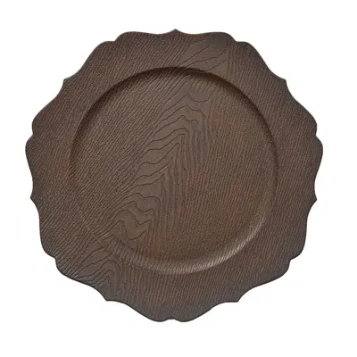 Breebe 6-pack Acrylic Round Charger Plates 13" In Rustic Brown With Wood Grain Scalloped Rim, Decorative Di