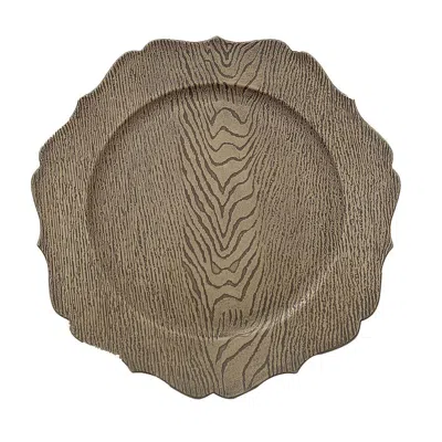Breebe 6-pack Acrylic Round Charger Plates 13" In Rustic Natural With Wood Grain Scalloped Rim, Decorative 