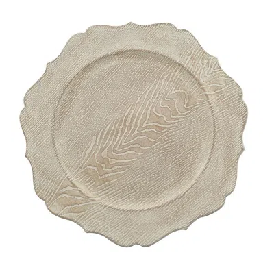 Breebe 6-pack Acrylic Round Charger Plates 13" In Rustic White With Wood Grain Scalloped Rim, Decorative Di