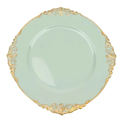 Breebe 6-pack Acrylic Round Charger Plates 13" In Sage Green With Gold Embossed Baroque Rim, Antique Decora