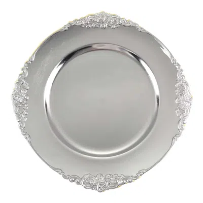 Breebe 6-pack Acrylic Round Charger Plates 13" In Silver With Embossed Baroque Rim, Antique Decorative Dinn