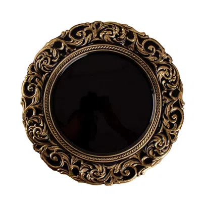 Breebe 6-pack Acrylic Round Charger Plates 14" In Black With Gold Engraved Baroque Rim, Vintage Disposable 
