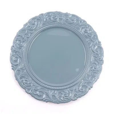 Breebe 6-pack Acrylic Round Charger Plates 14" In Dusty Blue With Engraved Baroque Rim, Vintage Disposable 