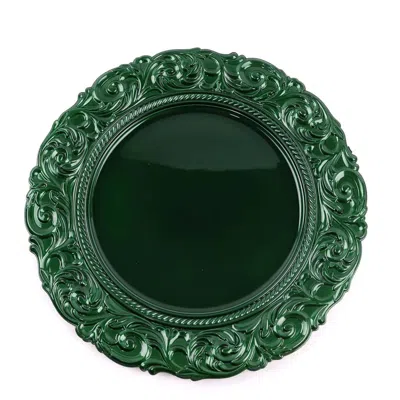 Breebe 6-pack Acrylic Round Charger Plates 14" In Hunter Emerald Green With Engraved Baroque Rim, Vintage D