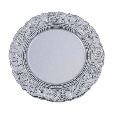 Breebe 6-pack Acrylic Round Charger Plates 14" In Silver With Engraved Baroque Rim, Vintage Disposable Deco In Gray