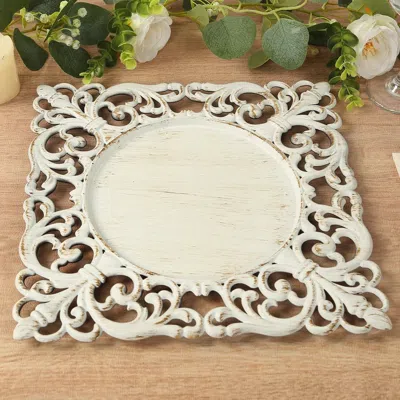 Breebe 6-pack Acrylic Square Charger Plates 12" Antique White With Hollow Lace Border, Event Tabletop Decor In Neutral