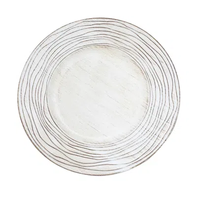 Breebe 6-pack Faux Wood Round Charger Plates 13" White Washed With Rose Embossed Rim, Disposable Plastic Ch