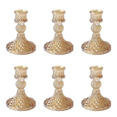 Breebe 6-pack Glass Taper Candlestick Holders Diamond Pattern Design Amber Gold - Reversible Crystal Pillar
