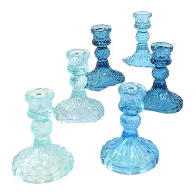 Breebe 6-pack Glass Taper Candlestick Holders Diamond Pattern Design Assorted Blue - Reversible Crystal Pil