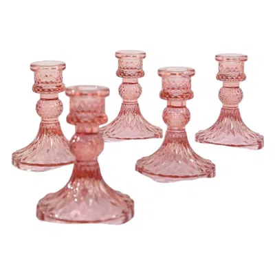 Breebe 6-pack Glass Taper Candlestick Holders Diamond Pattern Design Dusty Rose - Reversible Crystal Pillar