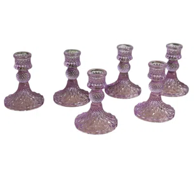 Breebe 6-pack Glass Taper Candlestick Holders Diamond Pattern Design Lavender Lilac - Reversible Crystal Pi