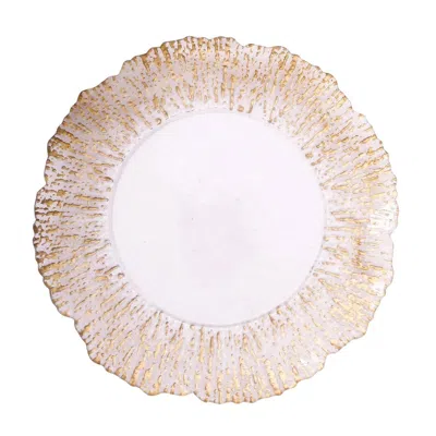 Breebe 6-pack Plastic Round Charger Plates 12" In Clear With Gold Brushed Scalloped Reef Rim, Decorative Di