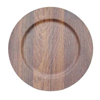 Breebe 6-pack Plastic Round Charger Plates 13" In Dark Brown With Faux Wood Finish, Rustic Boho Chic Dinner