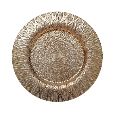 Breebe 6-pack Plastic Round Charger Plates 13" In Gold With Embossed Peacock Pattern, Stylish Disposable Ch