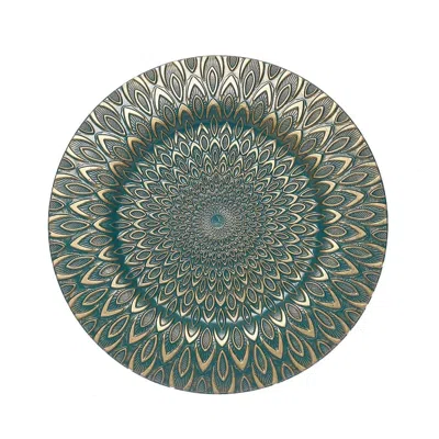 Breebe 6-pack Plastic Round Charger Plates 13" In Teal With Gold Embossed Peacock Pattern, Stylish Disposab In Green