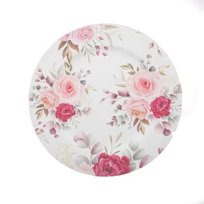 Breebe 6-pack Plastic Round Charger Plates 13" In White With Assorted Rose Floral Print, Decorative Dinner  In Pink
