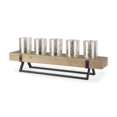 Breebe 7" Black And Brown Distressed Mirrored Solid Wood Metal And Glass Tabletop Votive Candle Holder