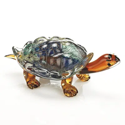 Breebe 7" Clear Brown And Green Murano Glass Turtle Figurine Tabletop Sculpture In Multi