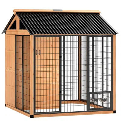 Breebe 7 X 6 Ft Outdoor Dog Kennel With Built-in Storage And Feeding Bowls In Brown
