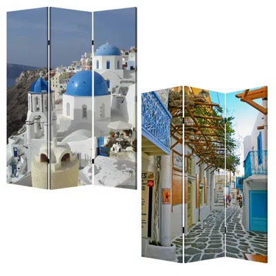 Breebe 72" Blue And White Canvas Folding Three Panel Screen Room Divider In Multi