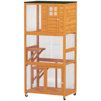 Breebe 74" Wooden Outdoor Catio Cat Enclosure With Wheels And Weatherproof Design In Orange