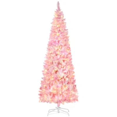 Breebe 7.5ft Pre-lit Snow Flocked Pencil Christmas Tree With Led Lights In Pink