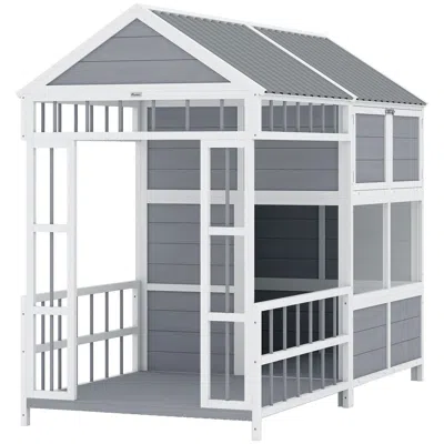 Breebe 79 Inch Large Wooden Dog House With Porch And Storage Cabinet In Gray